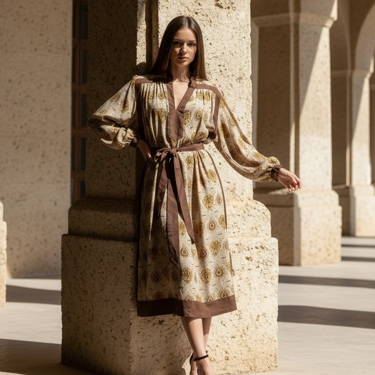 Chasing Unicorns One Size Kaftan Silk Dress Yellow Brown Boho Hippy Flowy Nwt